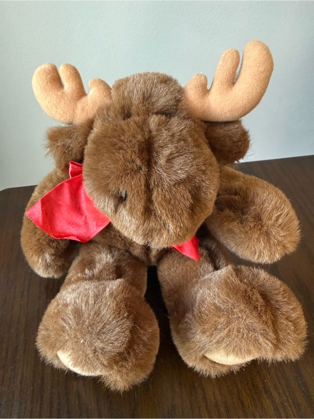 Dakin Moose 7" Plush Stuffed Animal Brown Red Bow Sitting 1993